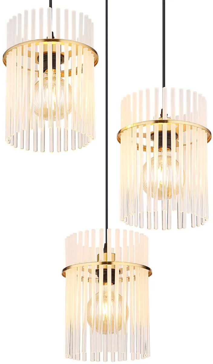Hanglamp eettafel lamp hanglamp woonkamer 3 vlammen, metaal zwart hout bruin glas rook, 3x E27, LxH 55x 120 cm von Globo in Gold – Produktfoto