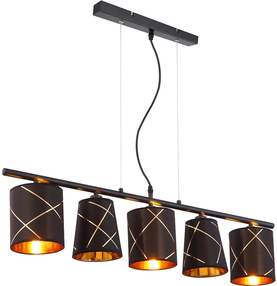 Hanglamp eettafel zwart 5 vlammen eetkamerlamp E14 woonkamerlamp hangend modern, met gouden decoratieve lijnen, 5x E14, LxH 90x140 cm de Globo en Or – photo produit