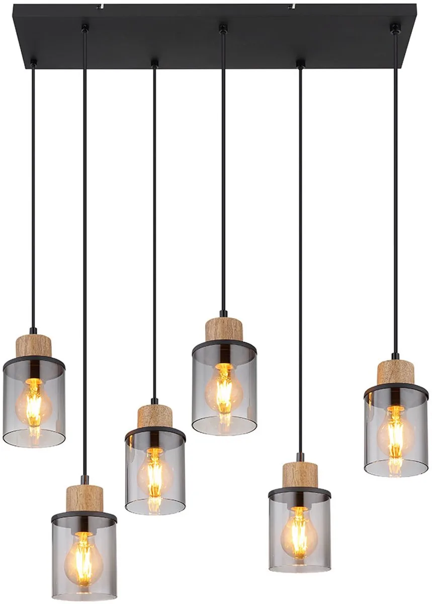 Hanglamp eettafellamp 4 vlammen rookglas hanglamp hout in hoogte verstelbaar, metaal, 6x E27 fitting, LxBxH 62x18x120 cm von Globo in Schwarz – Produktfoto