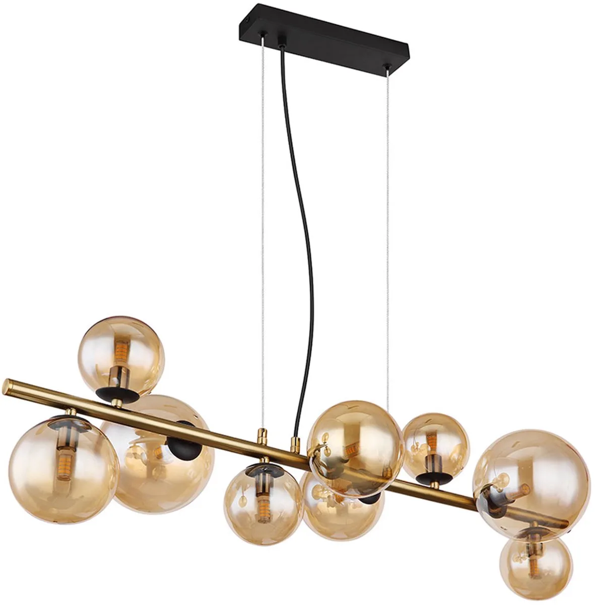 Hanglamp Eettafellamp Kogellamp, 9-lichts, glas, amber zwart, 9x G9 LED 3W 80lm 3000K warm wit, LxBxH 86,6x36x120 cm de Globo en Or – photo produit