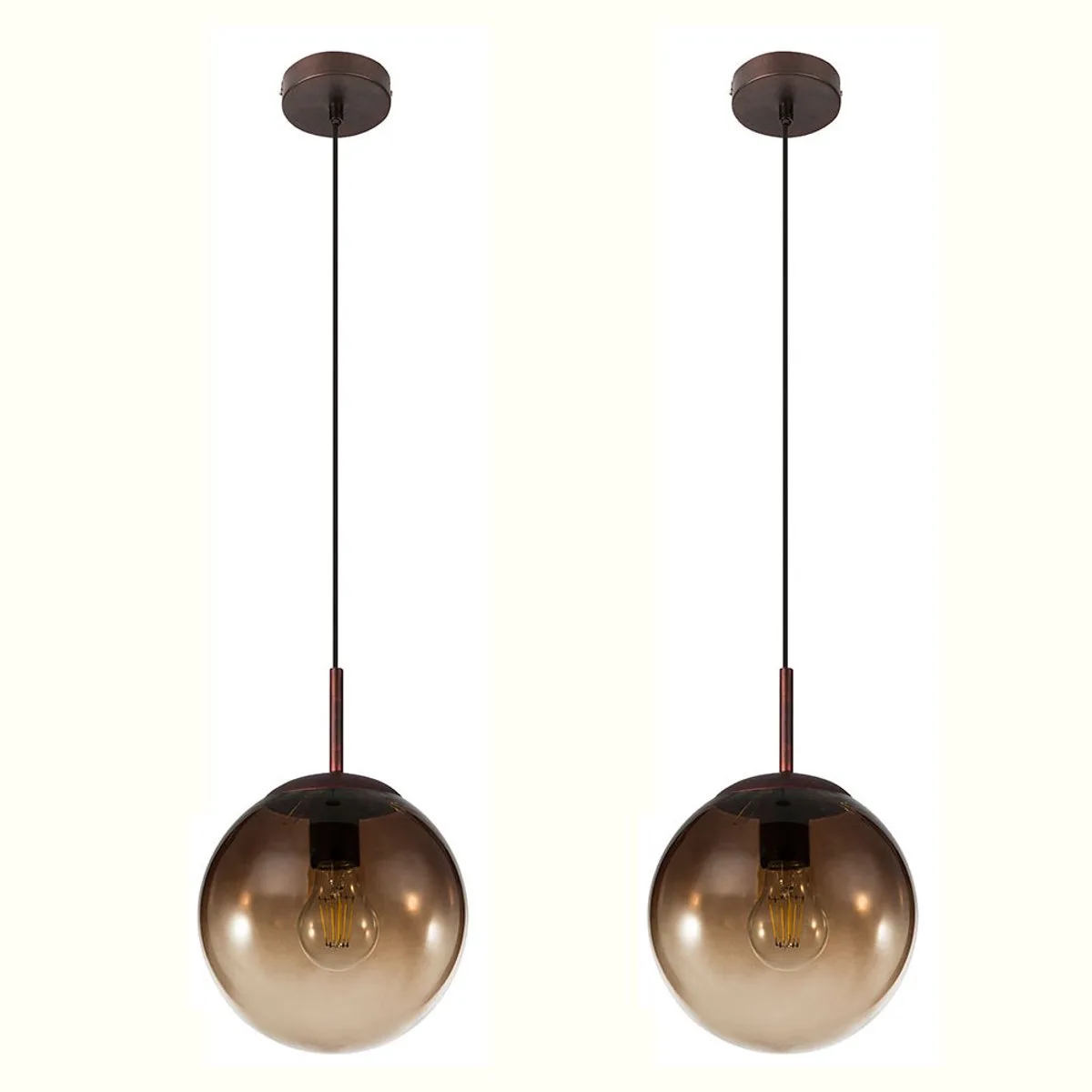 Hanglamp glas bol retro rookkleur eetkamerlamp rond vintage, metaal nikkel mat, 1x E27 fitting, DxH 20x120 cm, set van 2 van Globo in Grijs – productfoto