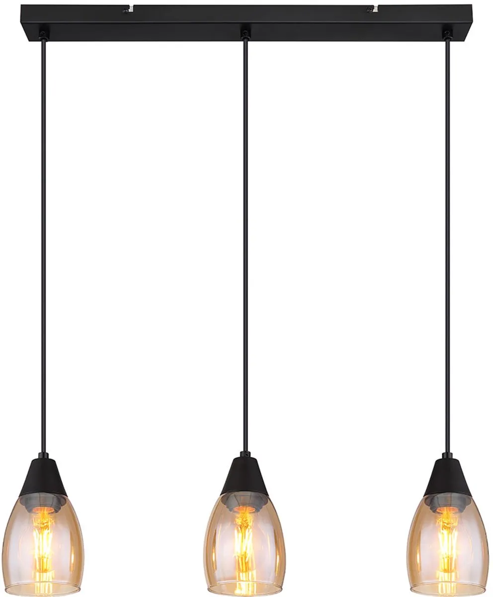 Hanglamp glas eettafel lamp zwart, 3 vlammen, amber metaal, 3x E27 stopcontacten, LxBxH 55x10x120cm fra Globo i Orange – produktbillede