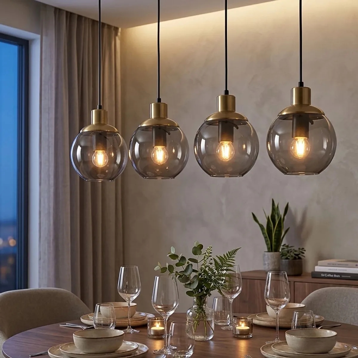 Hanglamp glas moderne hanglamp rookglas hanglamp 4 vlammen metalen glazen bollen messing retro, 4x E27 fitting, LxBxH 75x15x110cm de Globo en Noir – photo produit