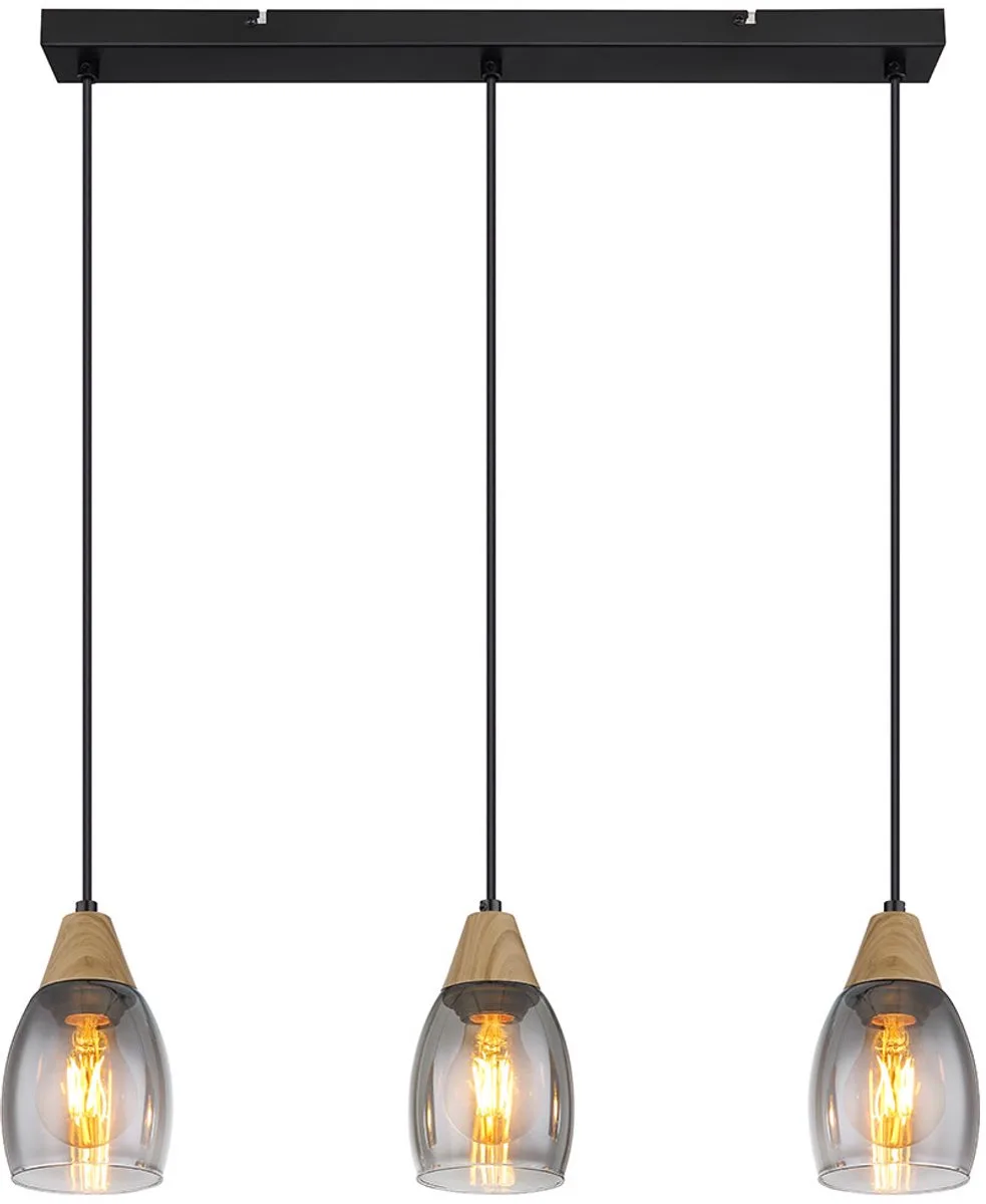 Hanglamp glas rookglas hout 3x 4 Watt 320 Lumen 2200 Kelvin, LxBxH 55x10x120cm van Globo in Zwart – productfoto