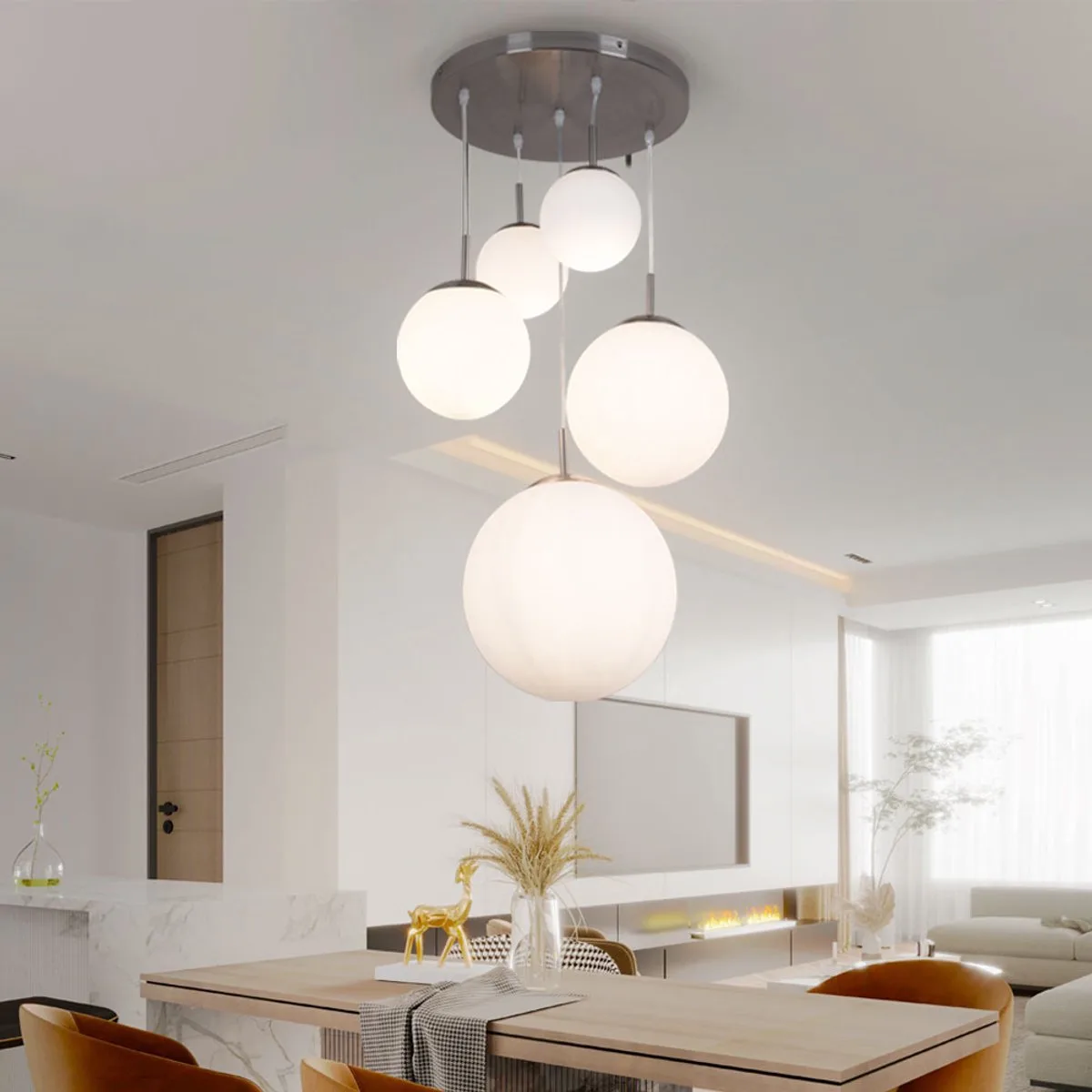 Hanglamp glazen bollen eettafel hanglamp moderne bollamp hanglamp glas, 5 vlammen, metaal nikkel mat, 5x E27, BxH 50x90 cm by Globo in White – product photo