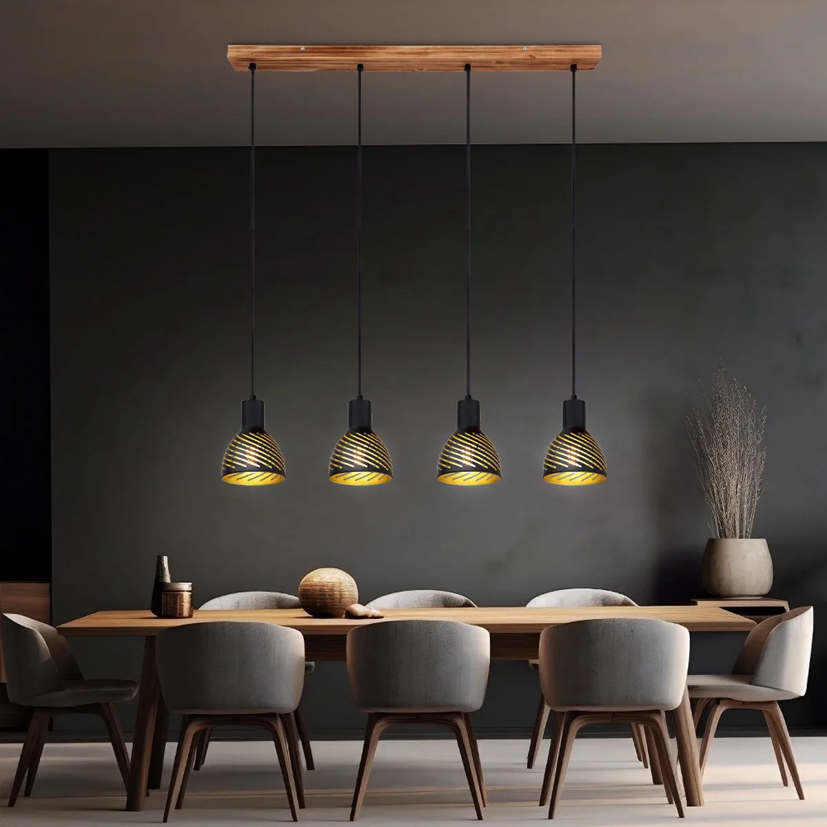 Hanglamp goud eettafel lamp hanglamp 4 vlammen woonkamer, metaal hout look, 4x E27, LxH 90x120 fra Globo i Sort – produktbillede