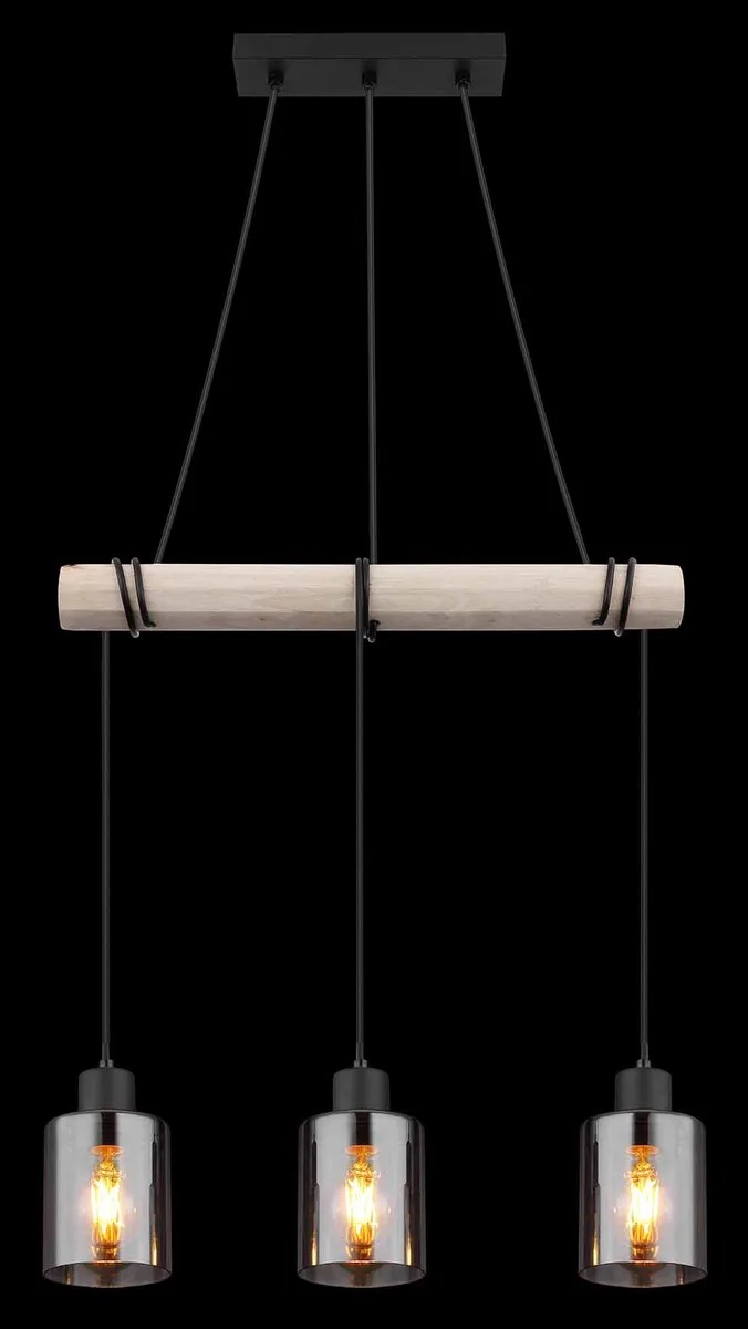 hanglamp - Hadera - zwart - metaal - grote eettafellamp - E27 - 15465-3H de Globo en Naturel – photo produit