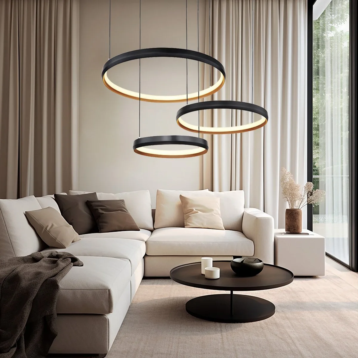 Hanglamp hanglamp dimbaar eetkamerlamp, LED ringen afstandsbediening CCT, metaal goud, LED 55W 1800lm 2700-6000K, LxBxH 76,7x50,3x150 cm de Globo en Noir – photo produit