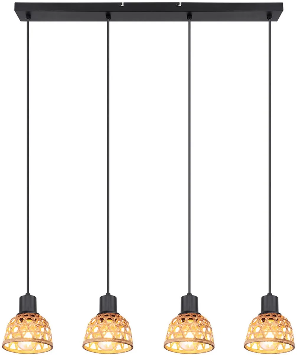 Hanglamp Hanglamp Eetkamer Bamboe vlechtwerk gemaakt van hout 4 vlammen, metaal, 4x E27 stopcontacten, LxBxH 72x13x120 cm de Globo en Noir – photo produit