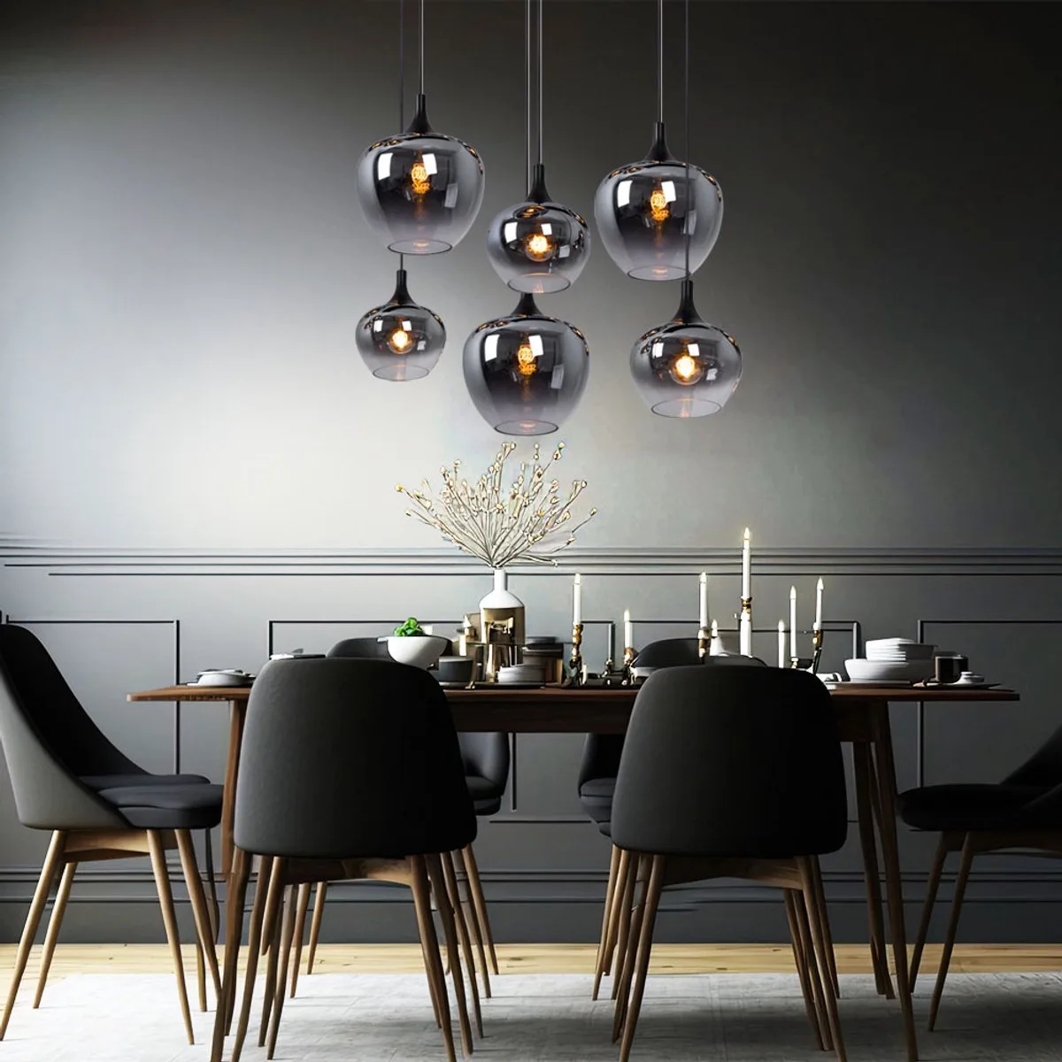 Hanglamp hanglamp eetkamer hanglamp woonkamer eetkamer tafellamp rookglazen kap, metaal stopcontacten 6x E27, LxBxH 86x42x120 cm by Globo in Black – product photo