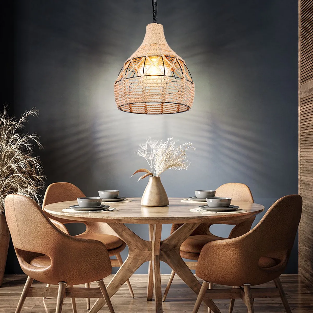 Hanglamp hanglamp eetkamer henneptouw plafondlamp metalen bollamp, metaal zwart 1x E27, DxH 30x135 cm van Globo in Bruin – productfoto