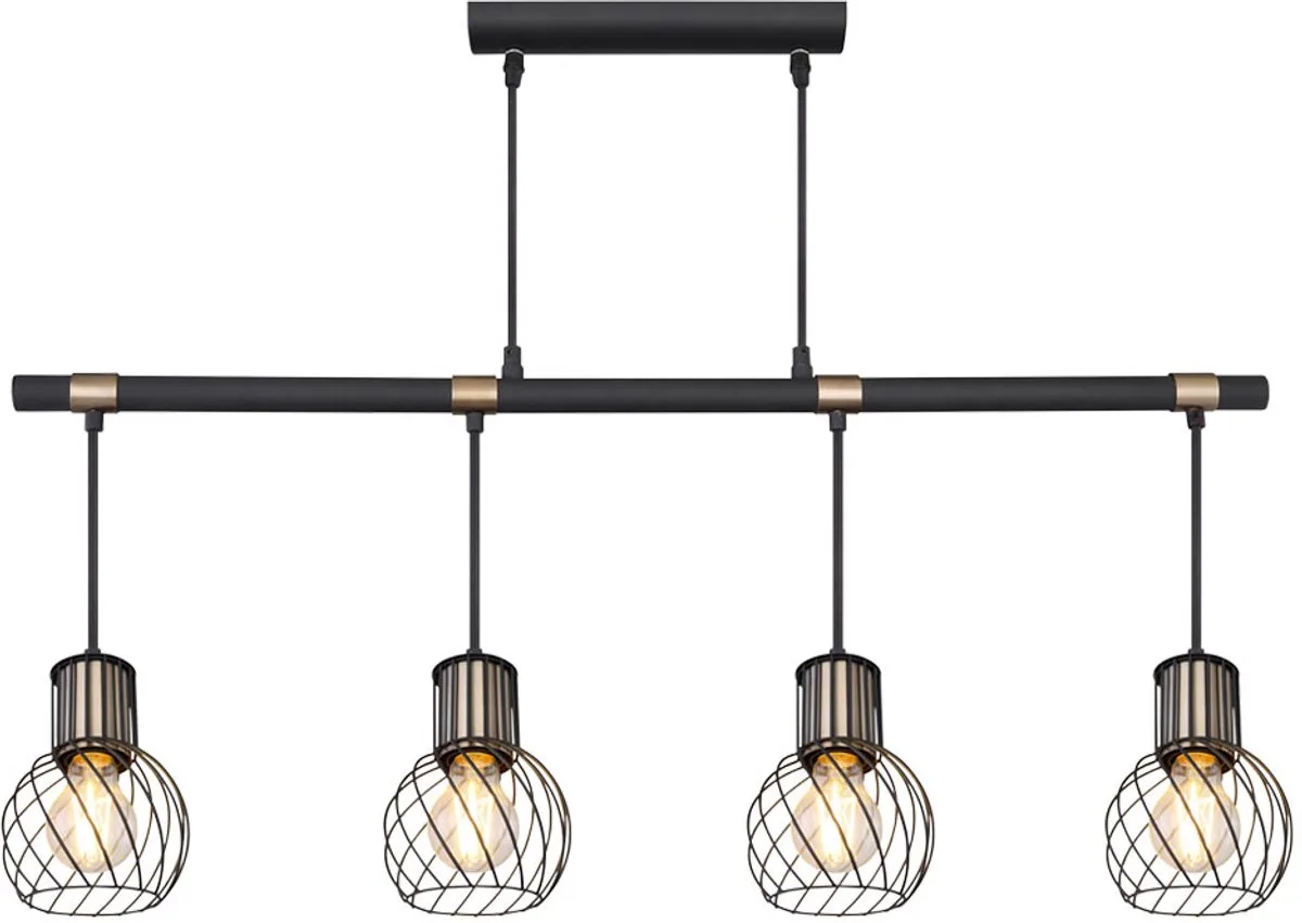 Hanglamp Hanglamp Eetkamerlamp Eettafel lamp, 4 vlammen, metaal goud, 4x E27 stopcontacten, LxBxH 87x12x120cm de Globo en Noir – photo produit