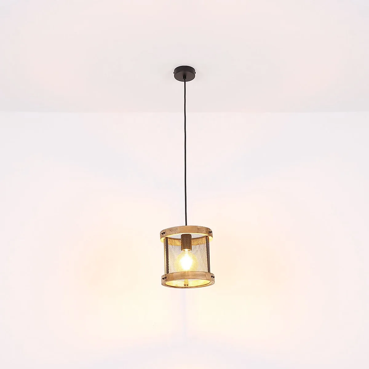 Hanglamp hanglamp eetkamerlamp, landhuis hanglamp, raster kap, industrieel, metaal hout, zwart, mat, 1x E27 fitting, DxH 20x120 cm van Globo in Bruin – productfoto