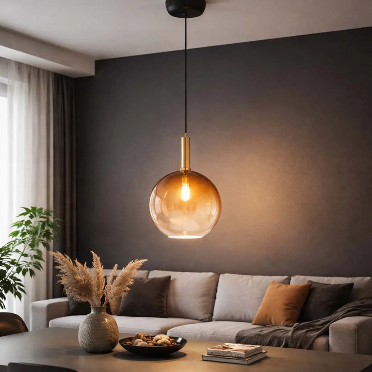 Hanglamp Hanglamp Eetkamerlamp LED glazen bol metaal, LED 3.5W 350Lm warm wit, DxH 18x120cm de Globo en Laiton – photo produit