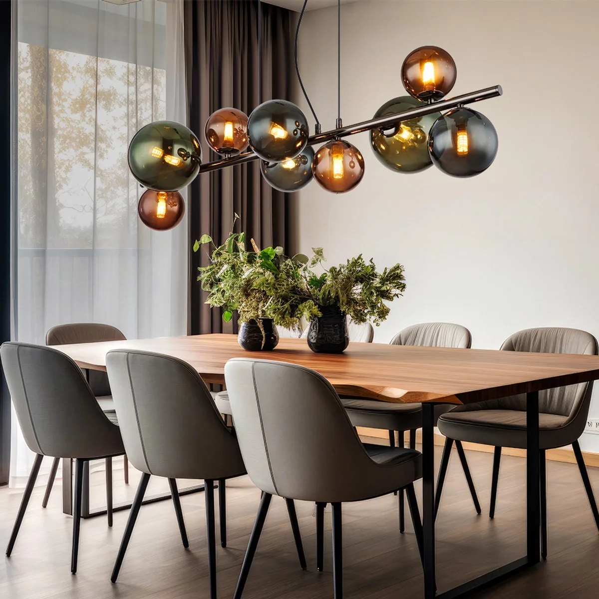 Hanglamp hanglamp eetkamerlamp woonkamerlamp keukenlamp, glazen bollen metaal, 9 vlammen G9, LED 3.5W 350Lm 3000K warm wit, H 120 cm från Globo i Grå – produktbild
