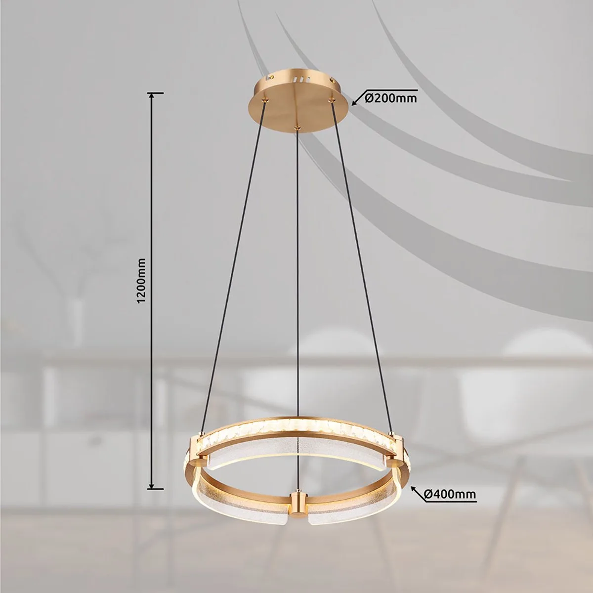 Hanglamp hanglamp eetkamerlamp woonkamerlamp keukenlamp, metaal aluminium kristallen dimbare afstandsbediening CCT, LED 36W 2000Lm 2700-6000K, H 120 cm de Globo en Or – photo produit