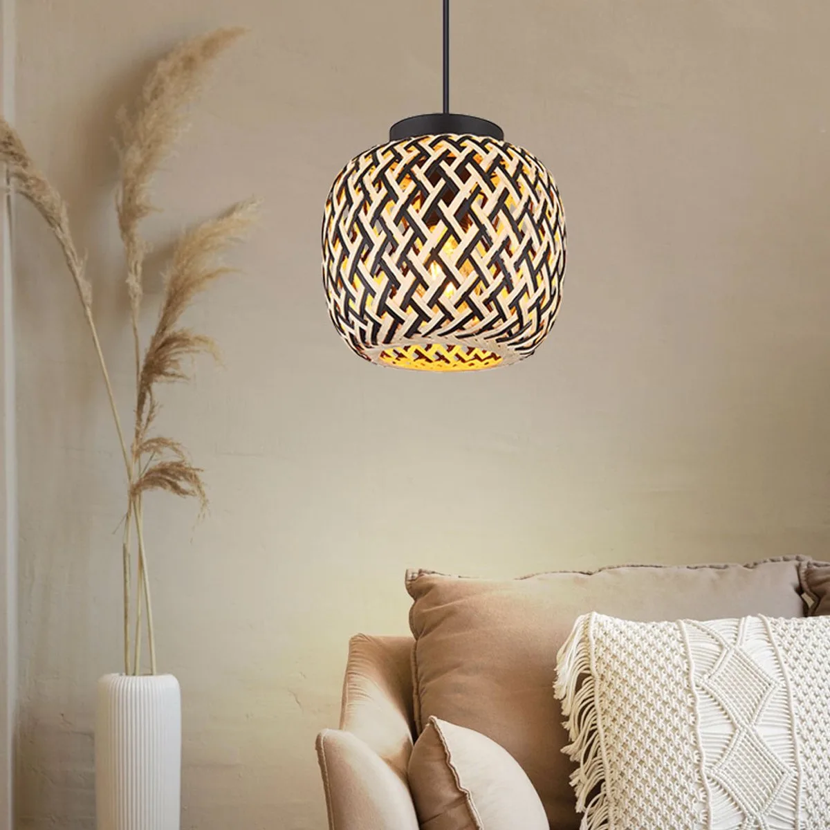 Hanglamp hanglamp eettafel, in hoogte verstelbaar bamboe natuur metaal zwart Boho stijl, 1x E27 fitting, DxH 20x120cm de Globo en Marron – photo produit
