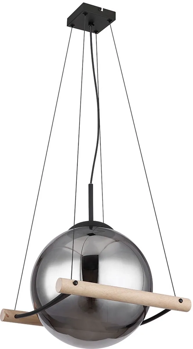 Hanglamp hanglamp eettafel lamp in hoogte verstelbaar rookglas metaal zwart hout naturel, 1x E27 fitting, LxBxH 33,5x35x120cm de Globo en Gris – photo produit