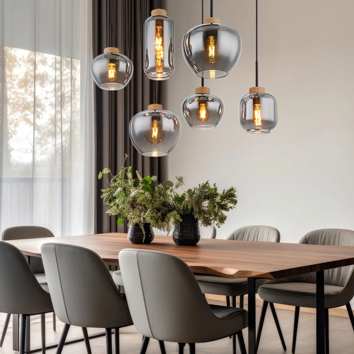 Hanglamp Hanglamp Eettafellamp, 6 vlammen, retro rookglas metaal hennep bruin, 6x E27 stopcontacten, LxBxH 80x40x120cm de Globo en Noir – photo produit