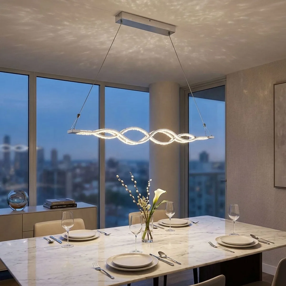 Hanglamp hanglamp gebogen design, glas kristallen chroom, afstandsbediening dimbaar, CCT, 1x LED 30W 2945Lm warm-koud wit, LxBxH 95x7x110 cm de Globo en Argent – photo produit