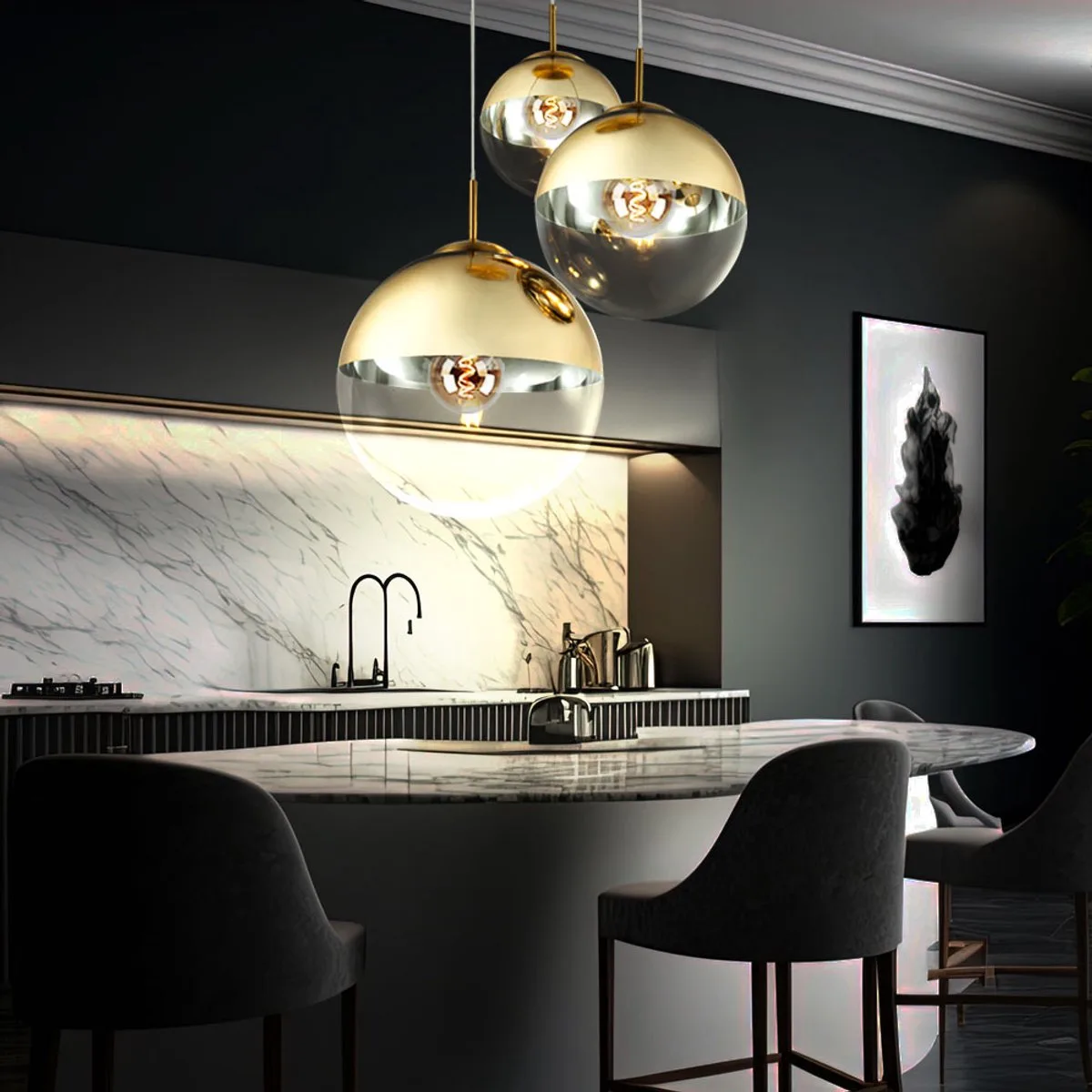 Hanglamp hanglamp glas 3 vlammen goudkleurige glazen bol hanglamp glazen bol eettafel lamp, metaal, 3x E27 fitting, DxH 51x120 cm de Globo en Or – photo produit