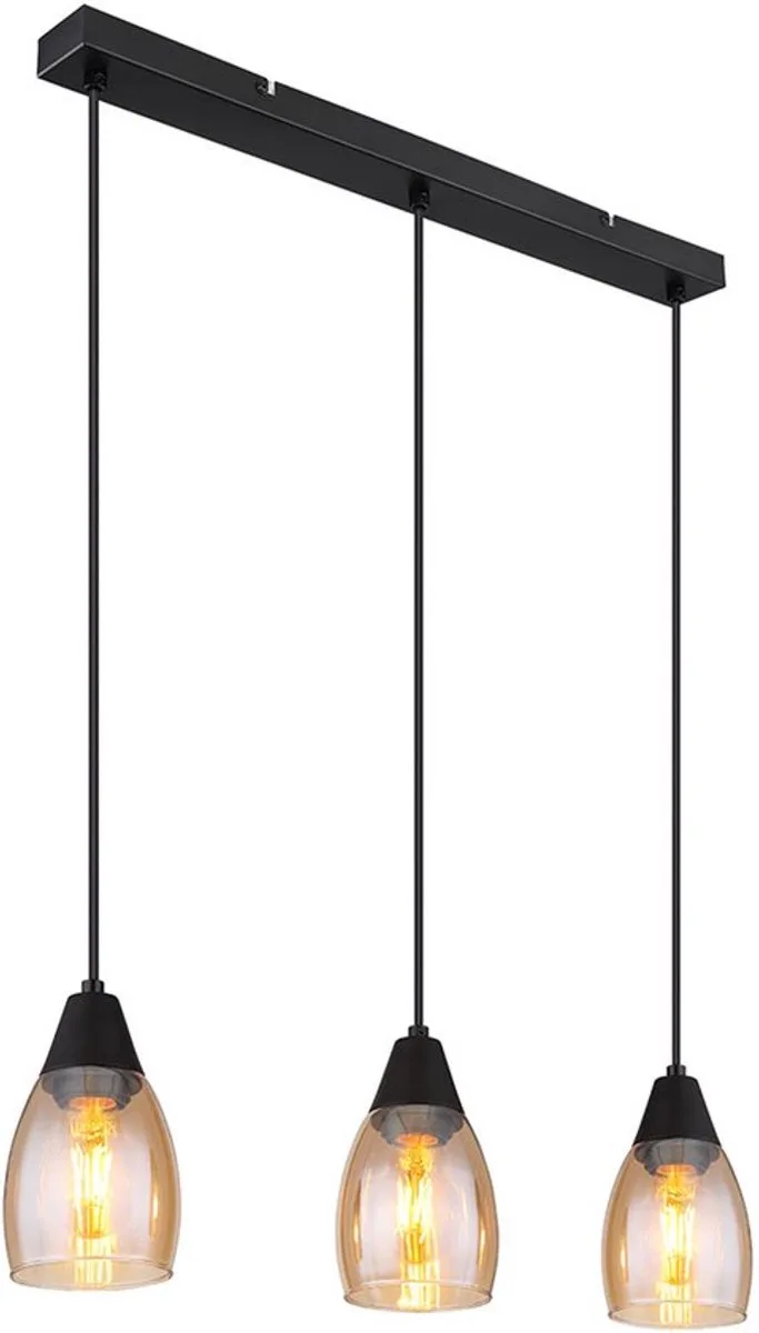 Hanglamp Hanglamp glas eettafel lamp 3 vlammen, amber metaal, 3x E27 stopcontacten, LxBxH 55x10x120cm fra Globo i Sort – produktbillede