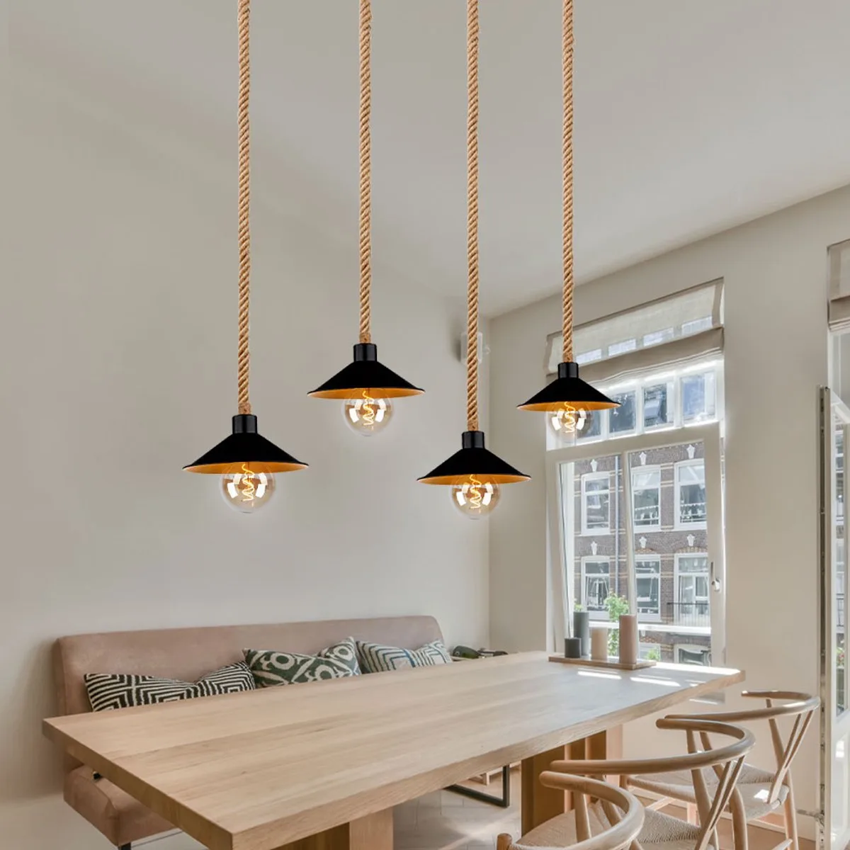 Hanglamp hanglamp hennep touw hanglamp goud landelijke stijl eetkamer in hoogte verstelbaar, metaal, 4x E27 fitting, LxBxH 112,5x22x170 cm von Globo in Schwarz – Produktfoto