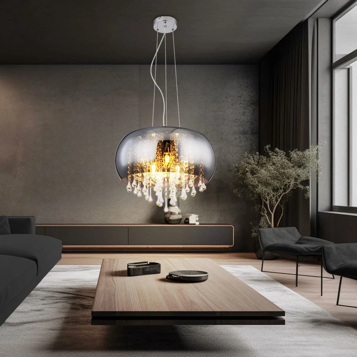 Hanglamp hanglamp kristallen lamp eetkamerlamp, 5 vlammen, glaskristallen helder rookglas chroom, E14 stopcontacten, DxH 44x120cm von Globo in Grau – Produktfoto