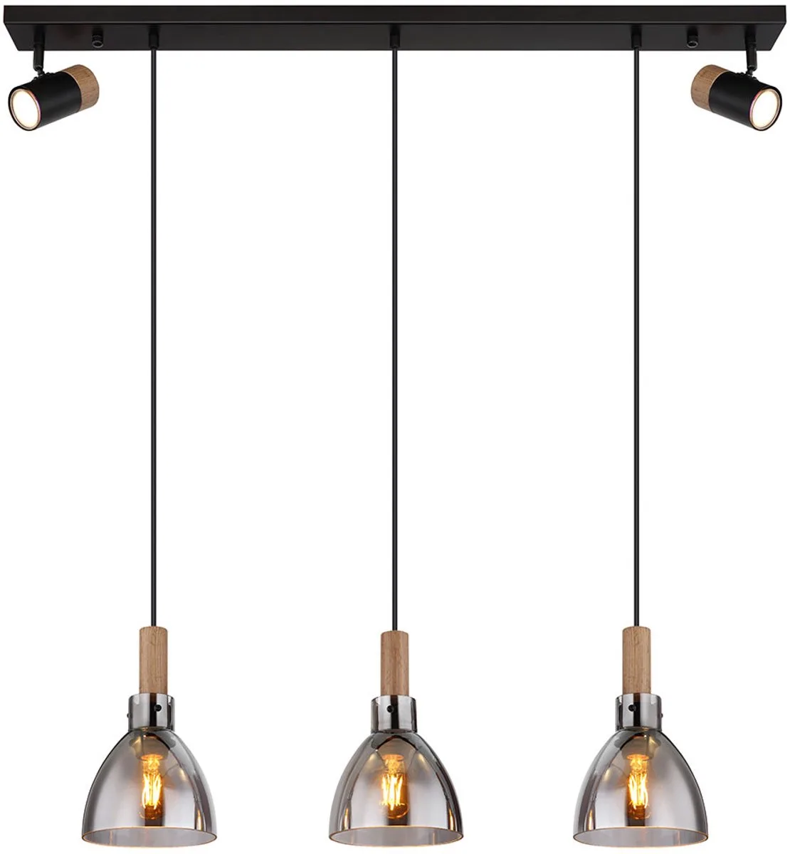 Hanglamp hanglamp modern eettafel lamp, 5-vlam draaibare spots hout look, metaal glas, smoke, GU10/E27 fitting, LxBxH 95x16x120 cm de Globo en Noir – photo produit