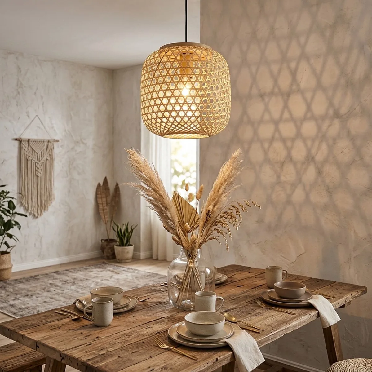 Hanglamp Hanglamp Plafondlamp Woonkamer hanglamp Bamboe boho look in natuurlijke kleur, zwart metaal, 1x E27, DxH 23x135 cm von Globo in Braun – Produktfoto