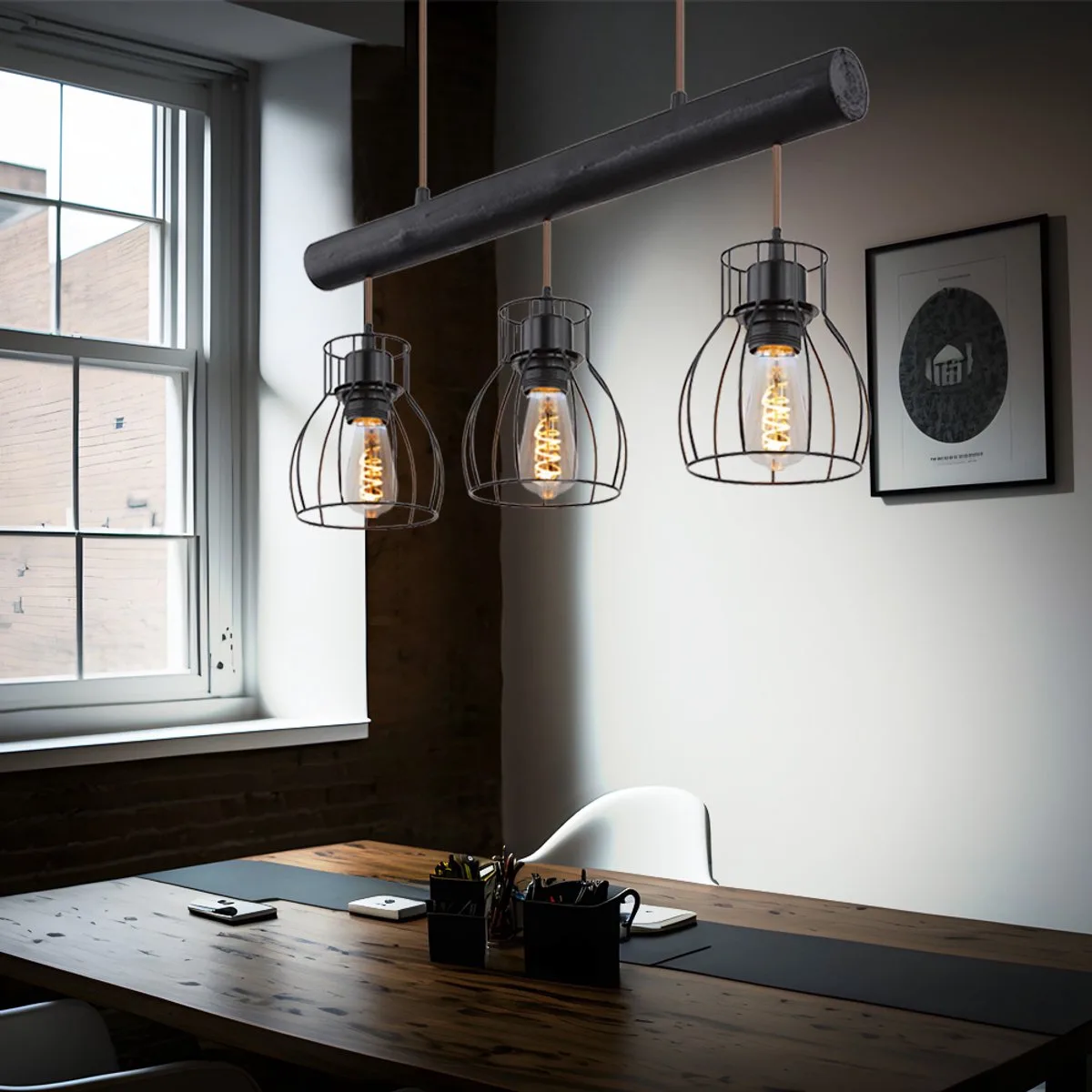 Hanglamp hanglamp vintage houten staaf retro houten lamp met zwarte traliekappen, metalen kooi, 3x E27 stopcontacten, HxLxB 140x60x13,6cm de Globo en Noir – photo produit