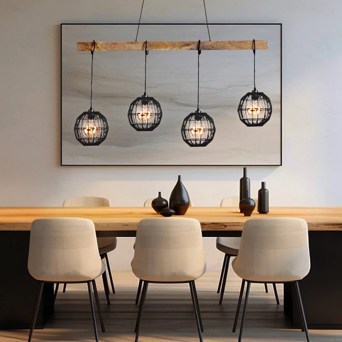 Hanglamp Hanglamp Woonkamerlamp Eettafellamp Keukenlamp, metaal zwart hout natuurlijke kleur, in hoogte verstelbaar, 4 vlammen E27, H 140 cm de Globo en Marron – photo produit