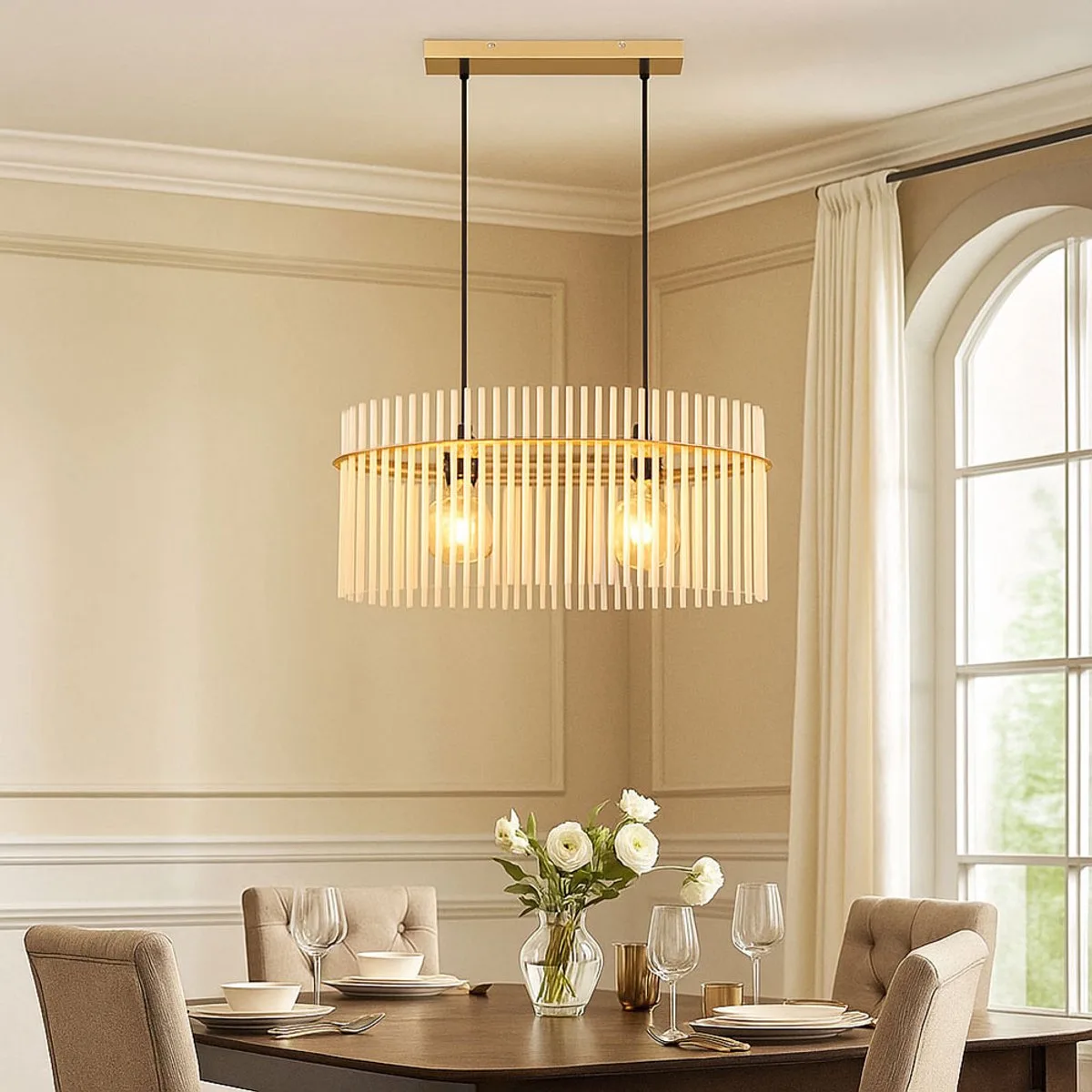 Hanglamp Hanglamp Woonkamerlamp Glazen staven opaal 2 vlammen Eetkamerlamp, metaal, 2x LED 7W 806Lm warm wit, LxBxH 60x23x140 cm von Globo in Gold – Produktfoto