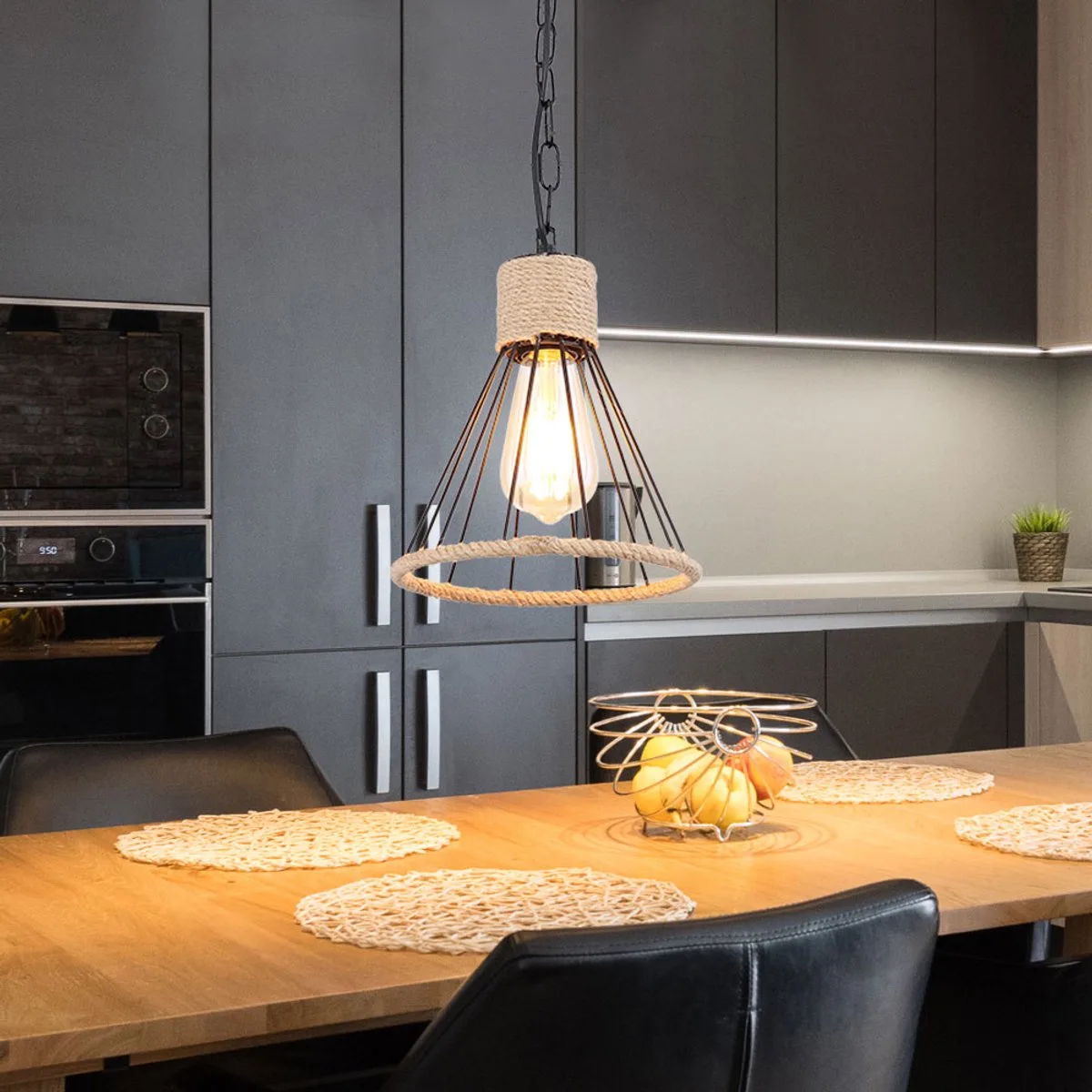 Hanglamp henneptouw ketting woonkamer hanglamp in kooi design, zwart metaal, 1x E27 fitting, DxH: 19,5x120 cm de Globo en Marron – photo produit