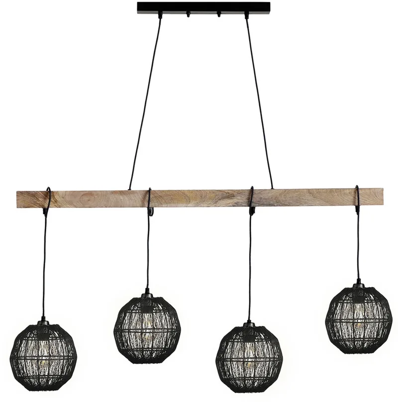 hanglamp - Hermi II - hout metaal - grote eettafellamp - E27 - 14994-4H de Globo en Noir – photo produit