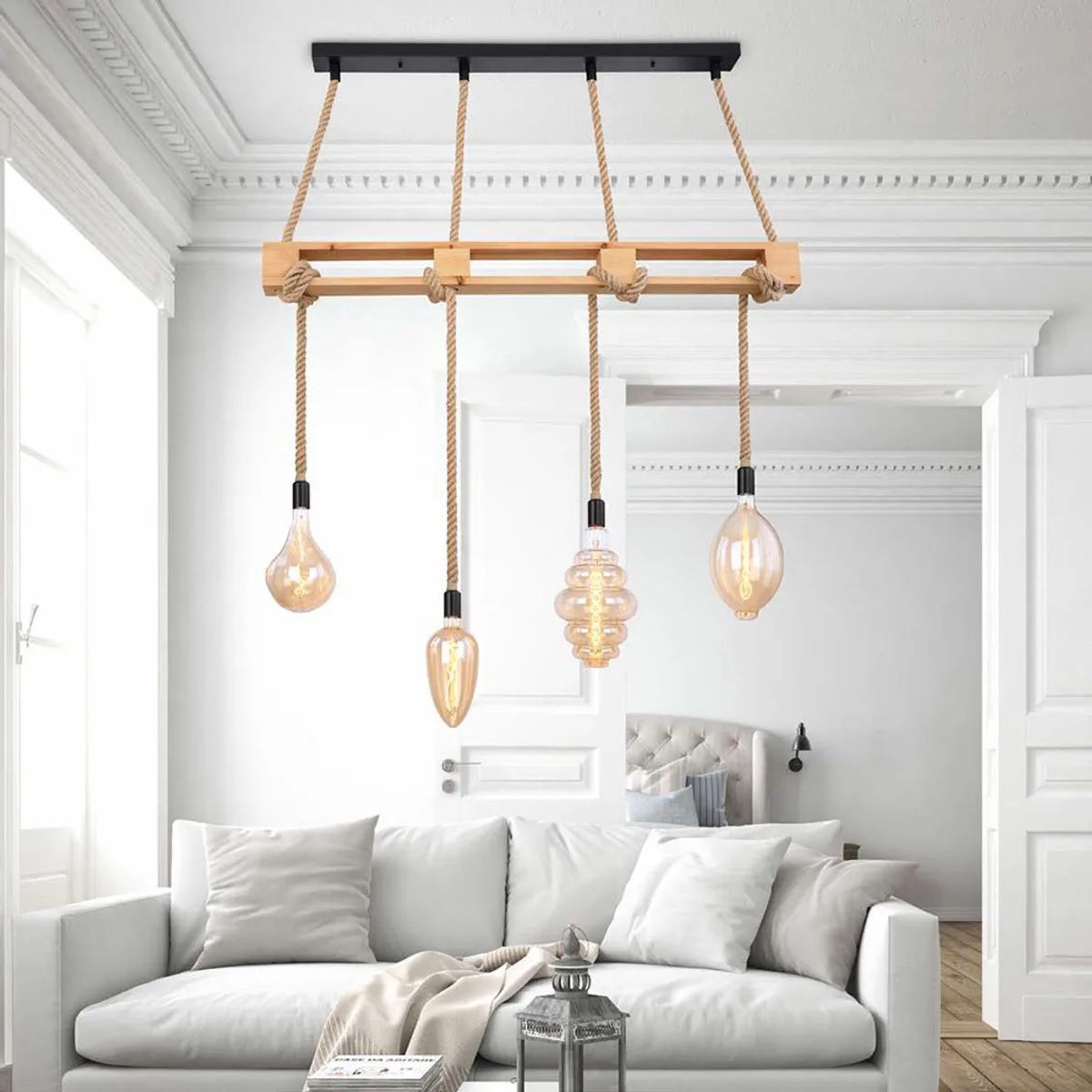 Hanglamp hout eetkamer licht balk hanglamp hout licht henneptouw, naturel, 4x E27 stopcontacten, LxBxH 120x10x120cm de Globo en Marron – photo produit