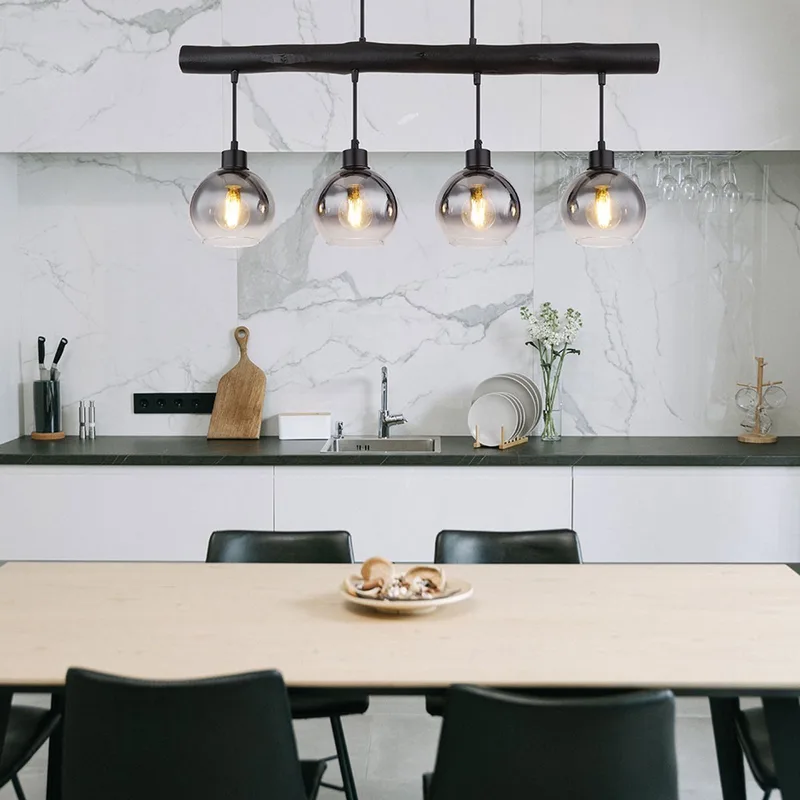 Hanglamp houten balk hanglamp retro hout eetkamerlamp hanglamp 4 vlammen, zwart, rookglas, 4x E27, LxBxH 85x15x120 cm by Globo in Grey – product photo