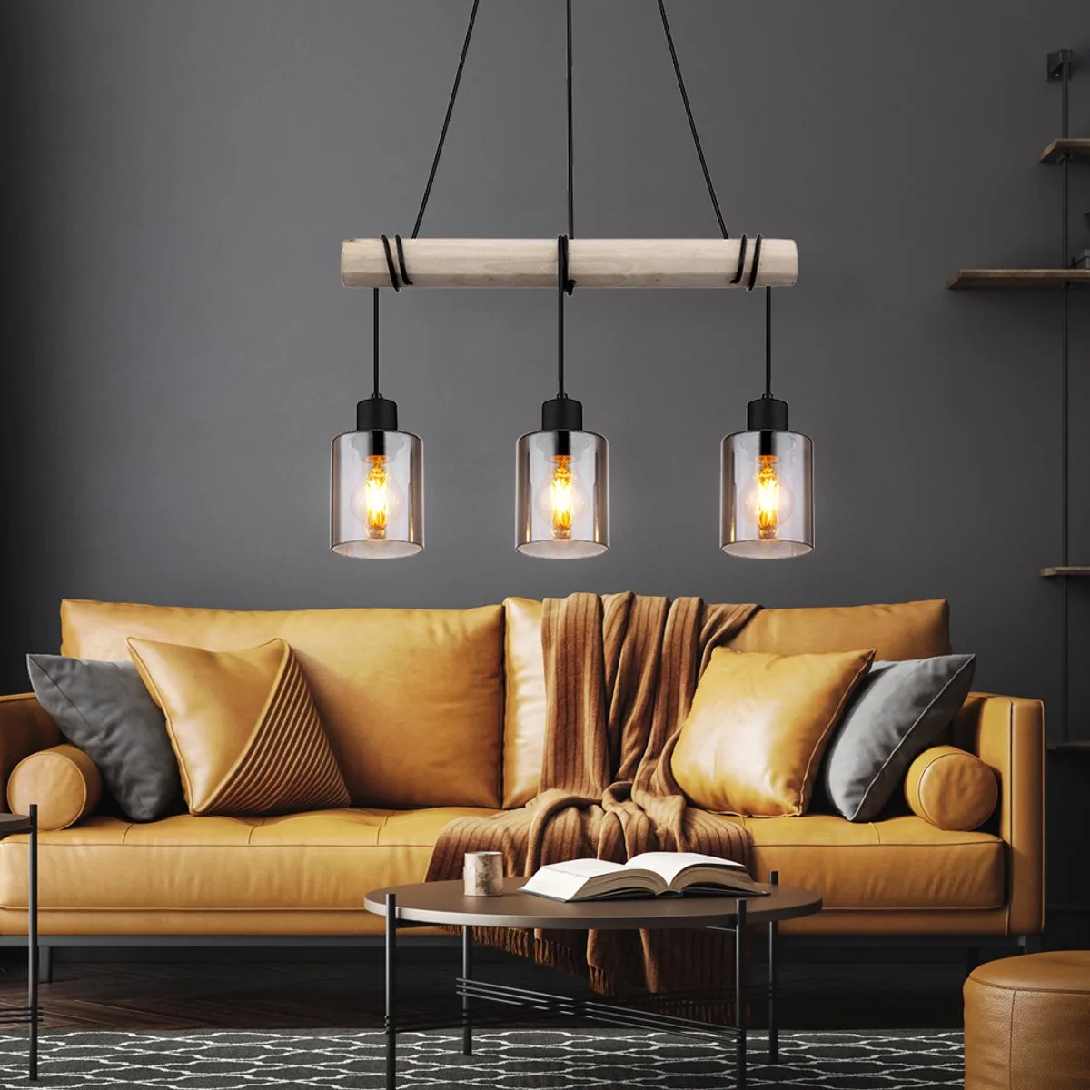 Hanglamp Houten hanglamp Houten eetkamerlamp Hanglamp Eettafel, rookglas, 3x E27, LxH 98x130 cm de Globo en Marron – photo produit