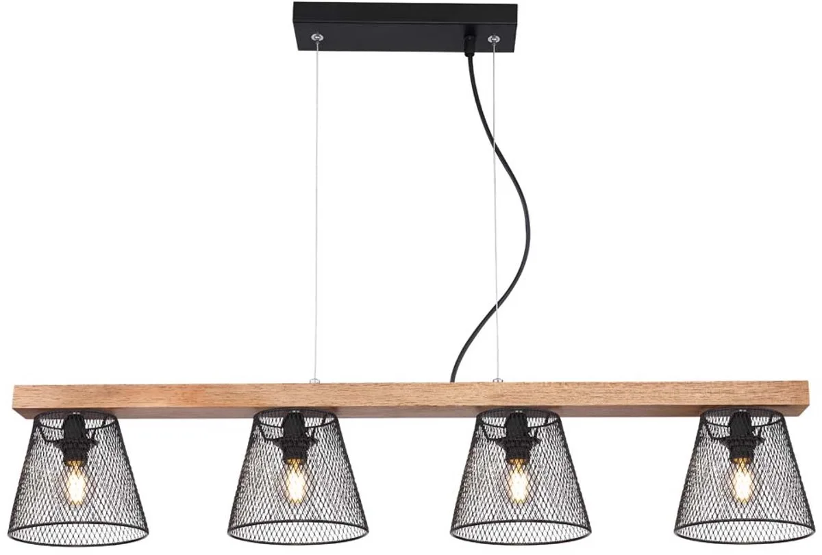Hanglamp houten lamp 4 vlammen hanglamp woonkamer zwart met traliekappen, metaal hout, zwart 4x E27 fitting, LxBxH 85x15x150 cm de Globo en Marron – photo produit