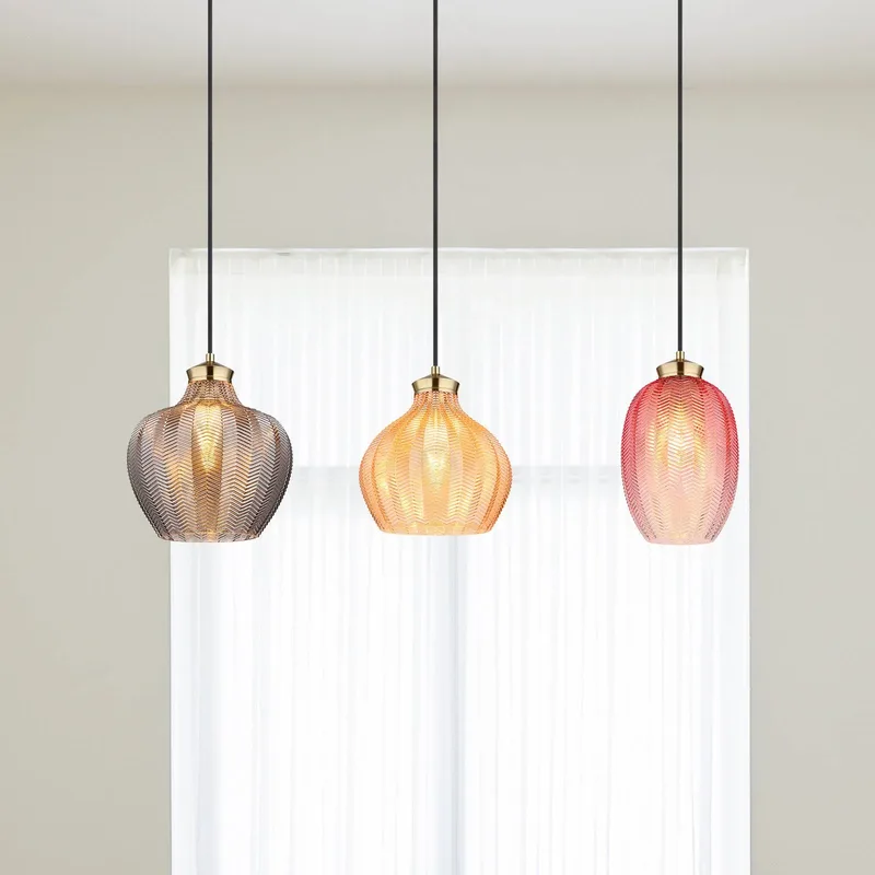 Hanglamp Jessica, lengte 90 cm, kleurrijk, 3-lamps, glas van Globo in Amberkleurig, Rookkleurig, Rood, Goudkleurig mat – productfoto