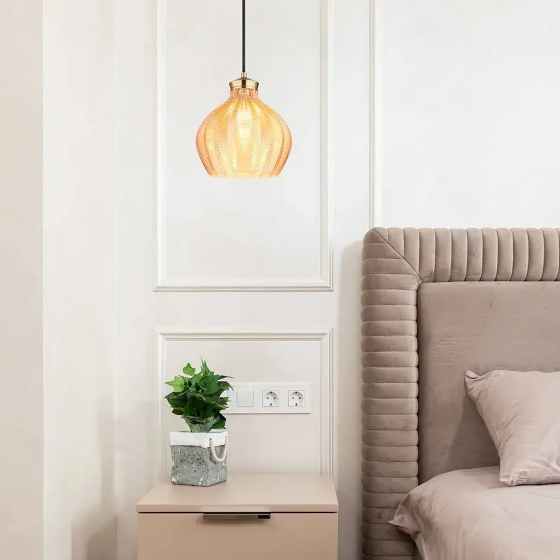 Hanglamp Jessica, Ø 22 cm, amberkleurig, glas von Globo in Amberkleurig, Goudkleurig mat – Produktfoto