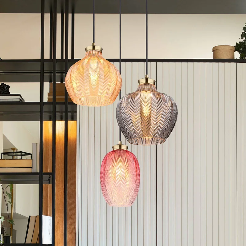 Hanglamp Jessica, Ø 45 cm, kleurrijk, 3-lamps, glas de Globo en Amberkleurig, Rookkleurig, Rouge, Goudkleurig mat – photo produit