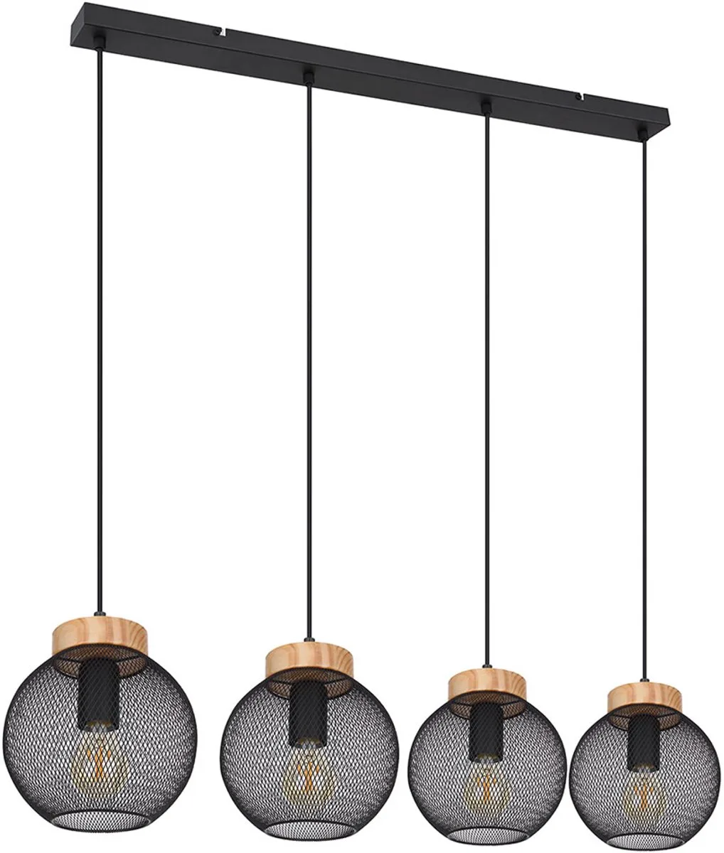 Hanglamp kooi design hanglamp eettafel hanglamp hout bolvorm, metalen rooster lamphouders 4x E27, LxBxH 95x20x120 cm från Globo i Svart – produktbild