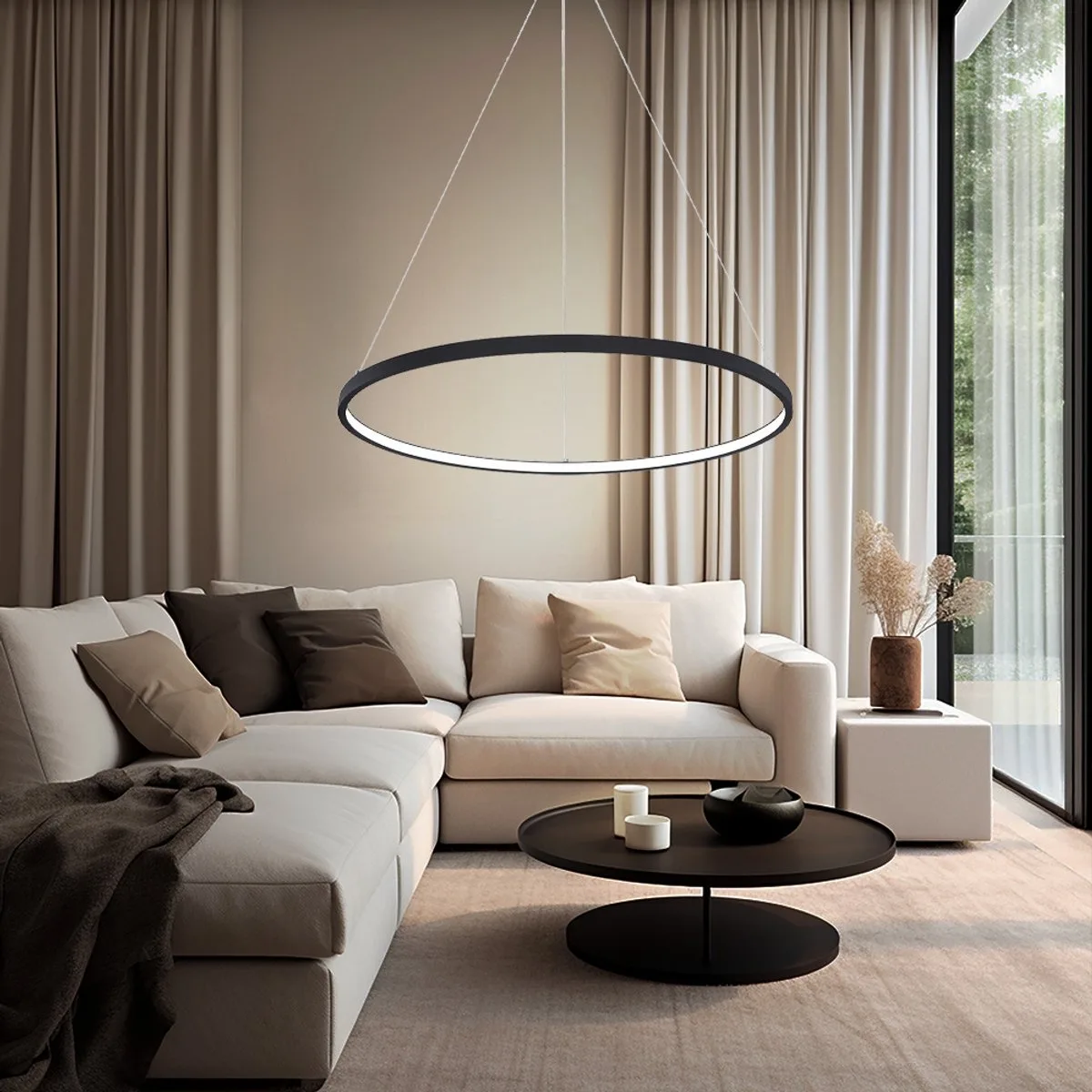 Hanglamp LED hanglamp eettafel ring LED woonkamer opknoping, 1x 29W 1300lm 3000K, DxH 60x120 cm fra Globo i Sort – produktbillede