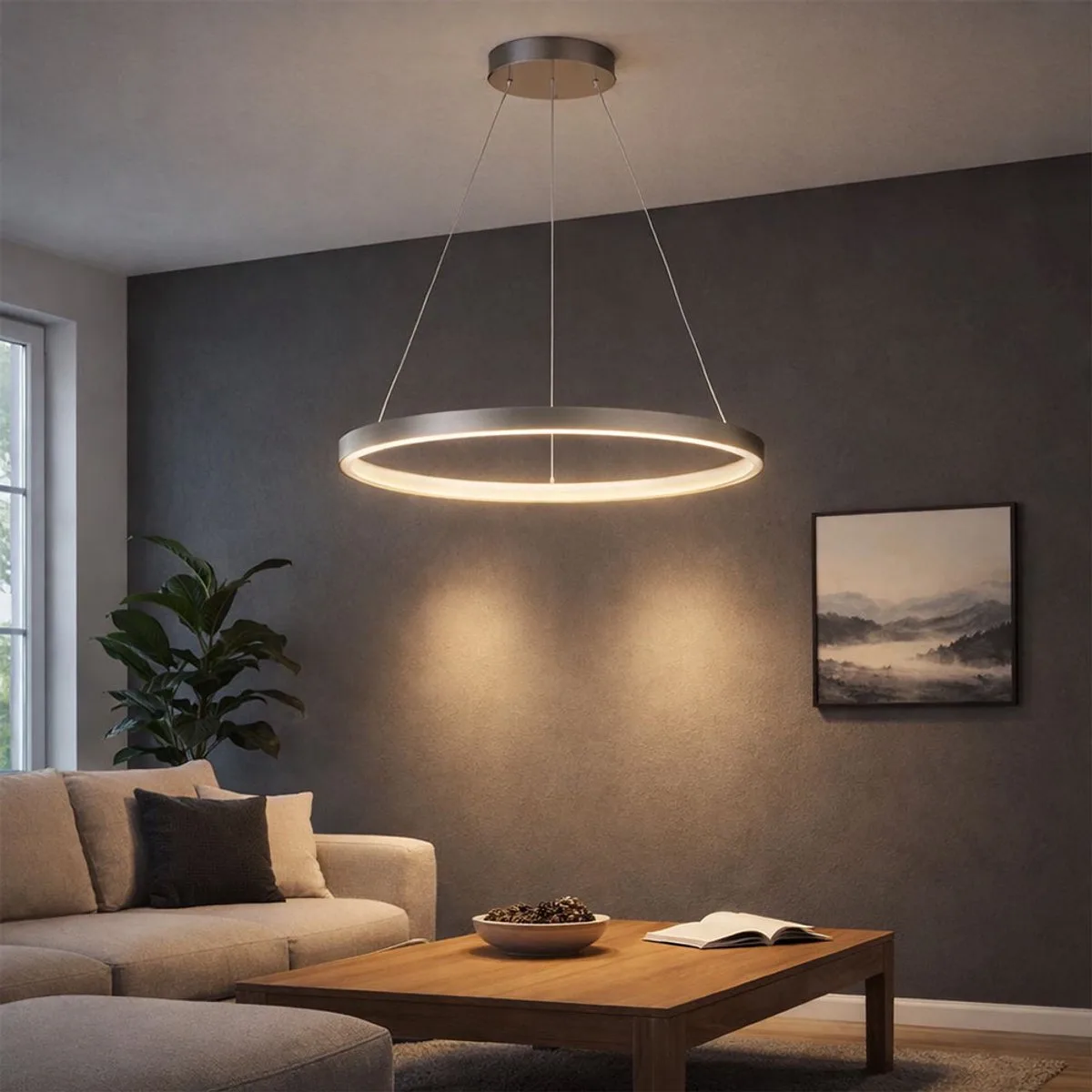 Hanglamp LED lampen ring zilver ronde hanglamp woonkamer modern, gemaakt van metaal in nikkel mat opaal, 1x LED 19W 900Lm warm wit, DxH 38,5x120 cm de Globo en Noir – photo produit