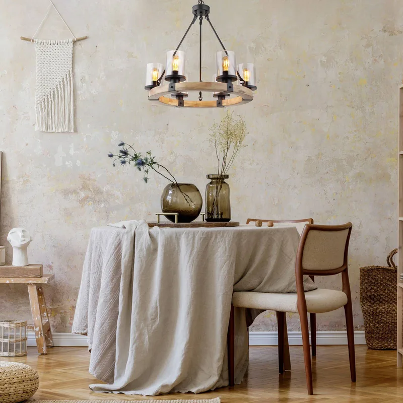 Hanglamp Lila met houten ring, rond, 6-lamps fra Globo i Donkerbruin, Rookgrijs getint, Sort – produktbillede
