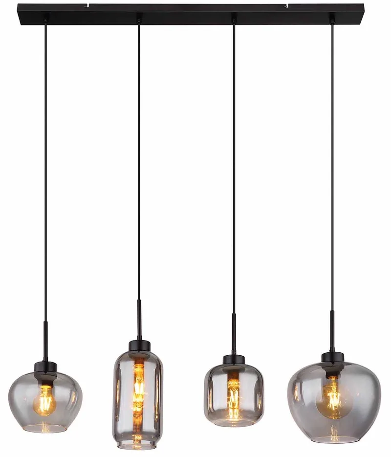 hanglamp - Matt - glas smoke glas - grote eettafellamp - E27 - 15549-4SH de Globo en Noir – photo produit