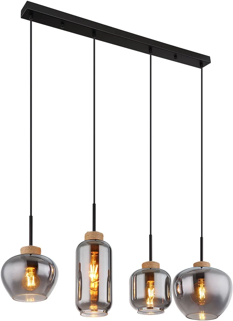 hanglamp - Matt - glas smoke glas - grote eettafellamp - E27 - 15549-4H de Globo en Noir – photo produit