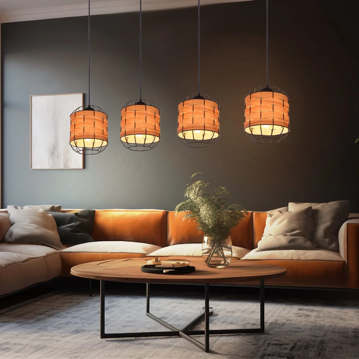 Hanglamp met houteffect Rooster hanglamp Eetkamerlamp bruin, metaal, 4x E27 stopcontacten, LxBxH 100x18x120 cm by Globo in Black – product photo