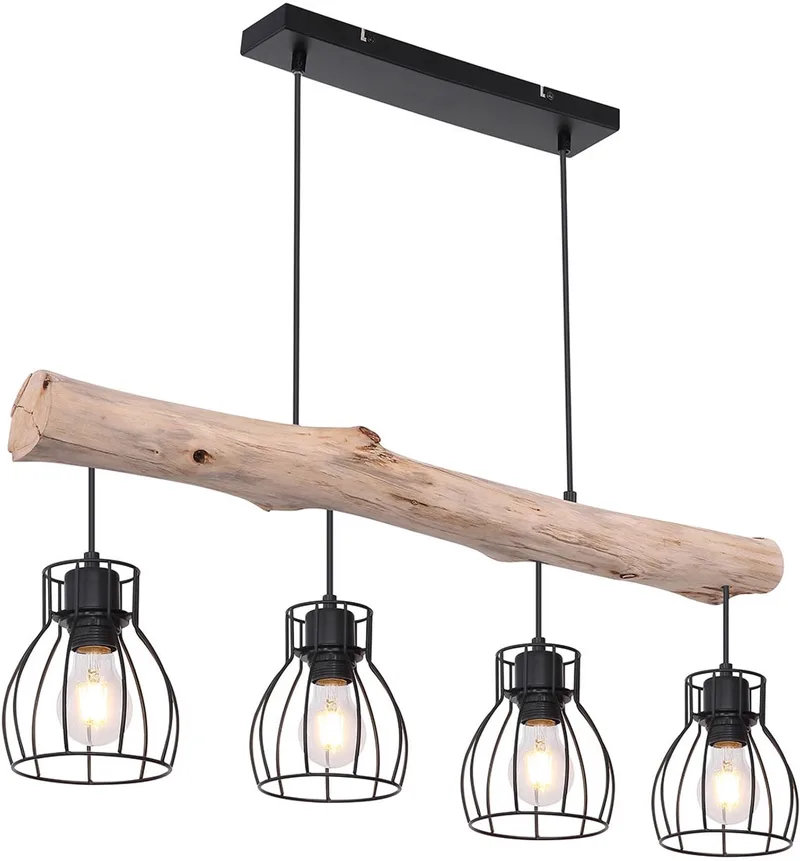 hanglamp - Mina - naturel - hout metaal - grote eettafellamp - E27 - 15326-4N de Globo en Noir – photo produit